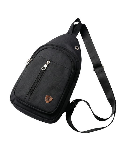 Black sling bag with a strap on a white background