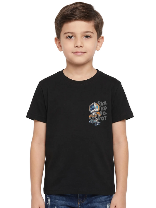 Child wearing a black t-shirt with a graphic design on a white background