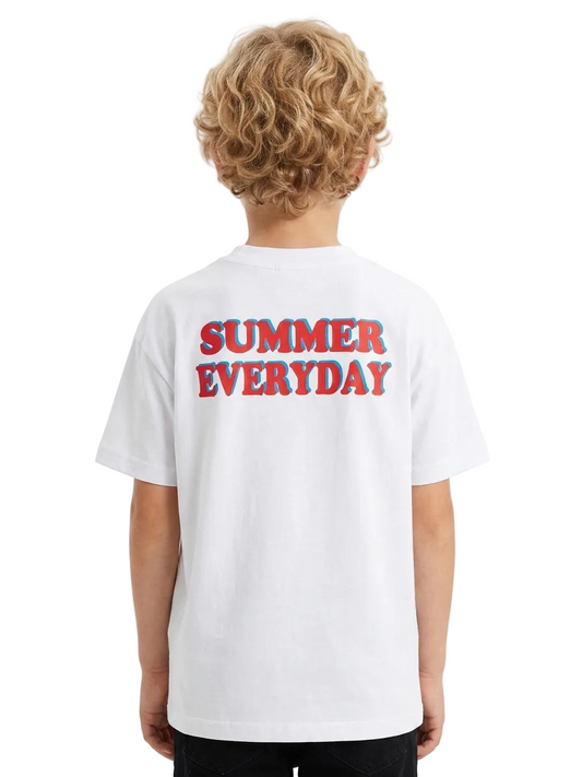Person wearing a white t-shirt with 'SUMMER EVERYDAY' text on the back, standing against a white background.