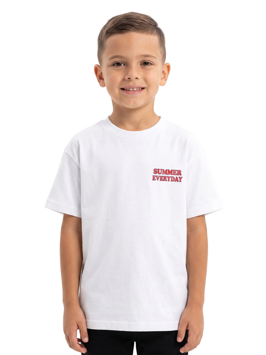 Child wearing a white t-shirt with 'Summer Everyday' text on a white background