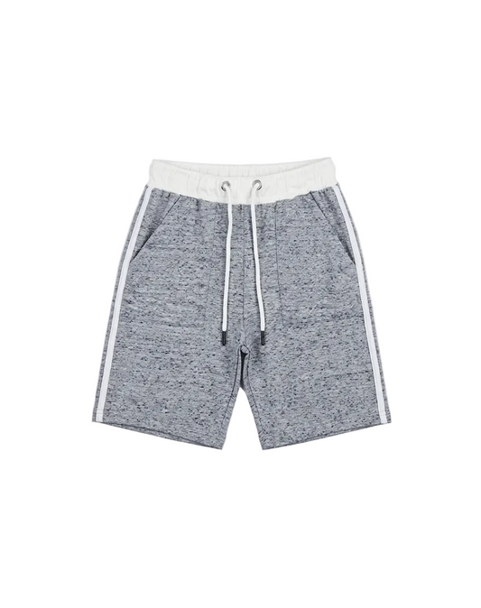 Boys melange grey shorts with a white elastic waistband and side stripes from TREE store.