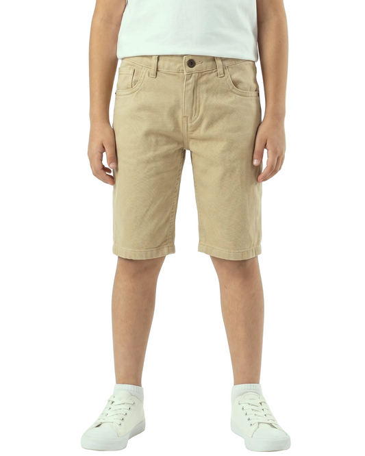 Back image: Back view of boys beige shorts with a comfortable fit from TREE store.
