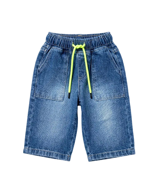 Back image: Back view of boys blue denim shorts with a comfortable fit from TREE store.