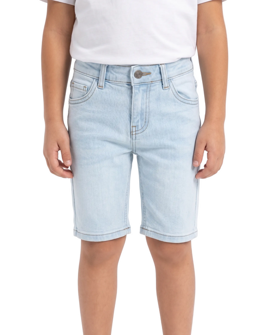 Back image: Back view of boys light blue denim shorts with a comfortable fit from TREE store.