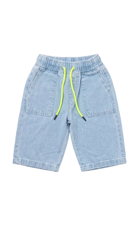 Back image: Back view of boys light blue denim shorts with a comfortable fit from TREE store.