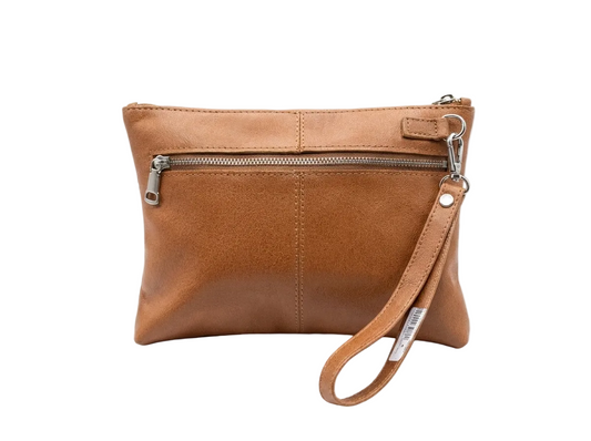 Brown leather crossbody bag with a strap on a white background