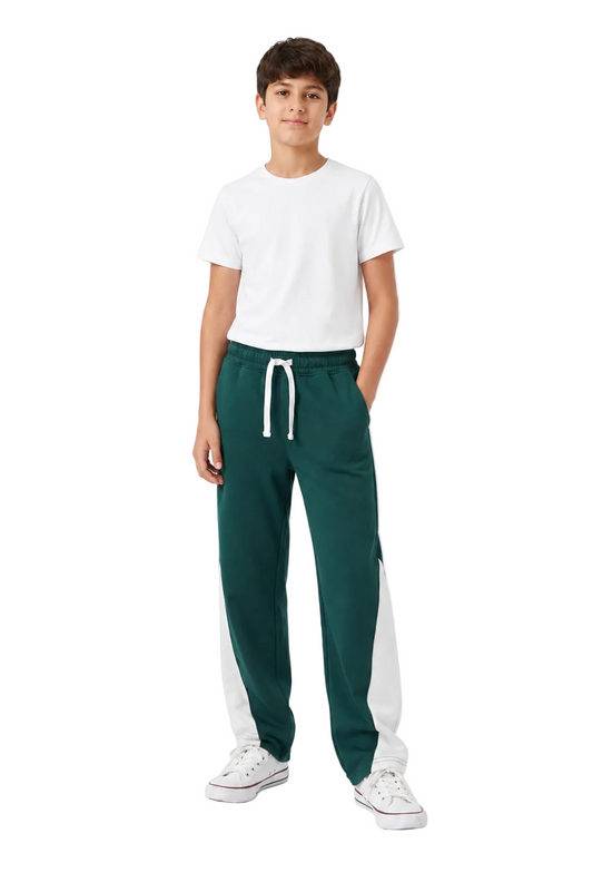 Boys’ Wide-Leg Sweatpants with Side Panels – Dark Green