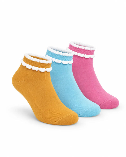 شراب بناتي 3 قطع بألوان متعددة وتفاصيل بيضاء – 80% قطن