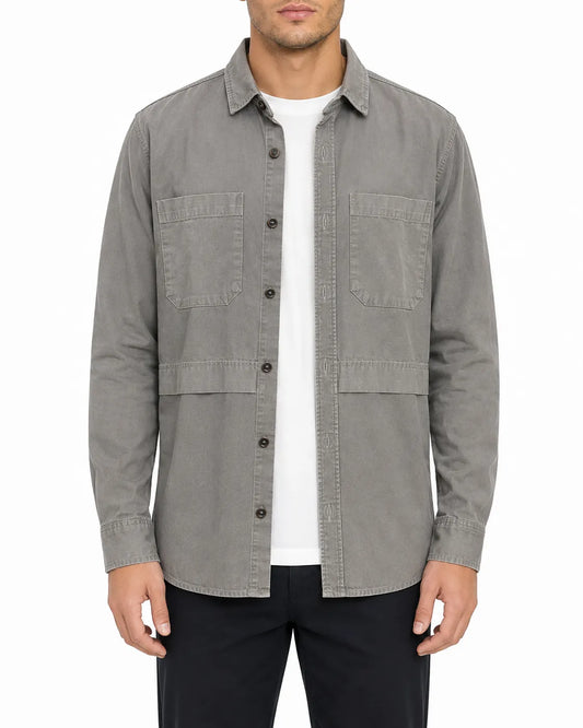 Men's Casual Light Olive Long Sleeve Shirt with Chest Pockets - Regular Fit