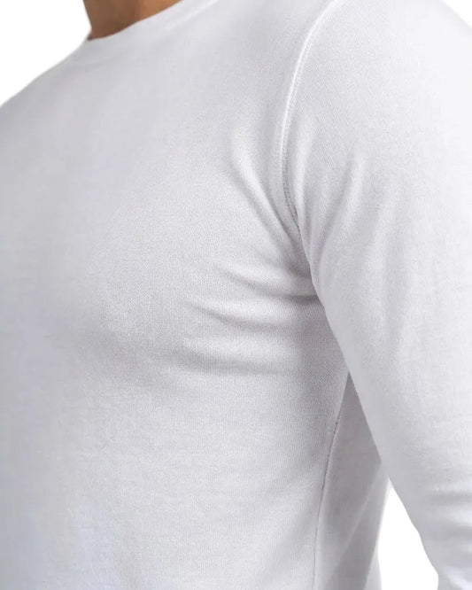Close-up of a person wearing a plain white long-sleeve crew-neck shirt against a light neutral background.