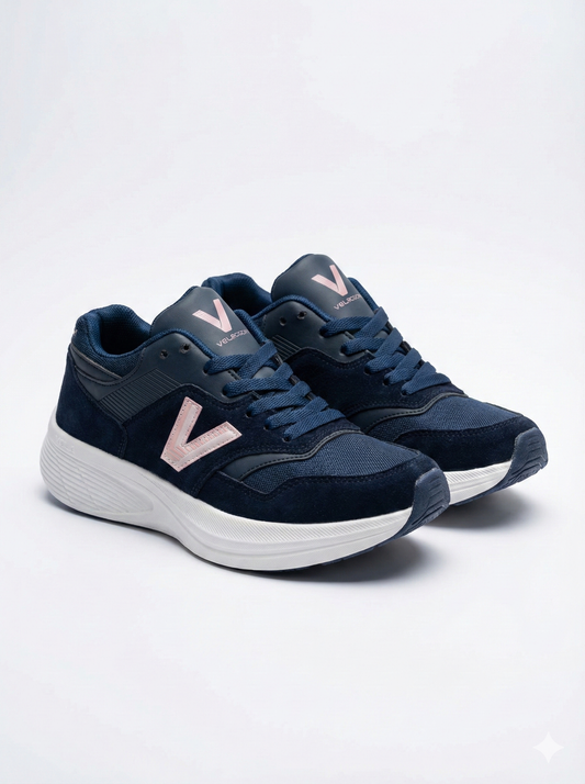 Navy blue sneakers with a logo on a white background