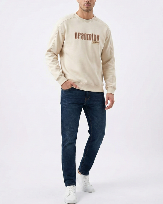 Men's Beige Crew Neck Sweatshirt - Cotton Blend-Print