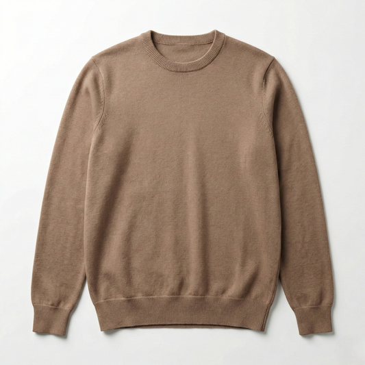 Men’s Plain Cotton Round Neck Pullover - Cafe