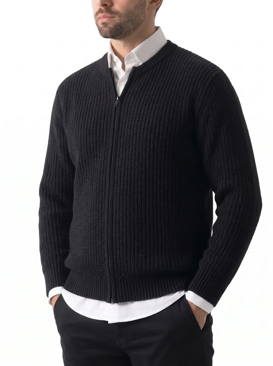 Men's Ribbed Knit Full-Zip Jacket Black