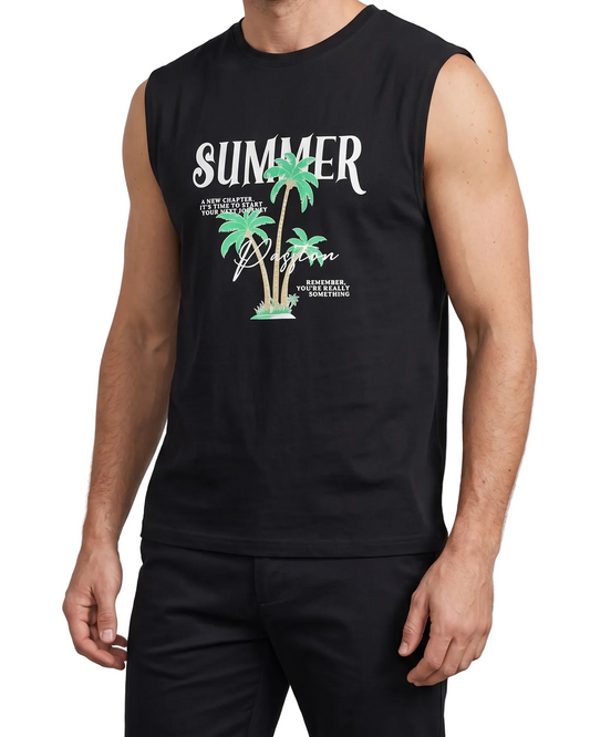 Men's Black Tropical Summer Sleeveless T-Shirt | TREE