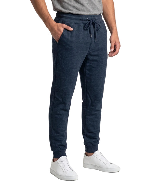 Close-up of the elastic waistband and adjustable drawstring on TREE's men's navy sweatpants