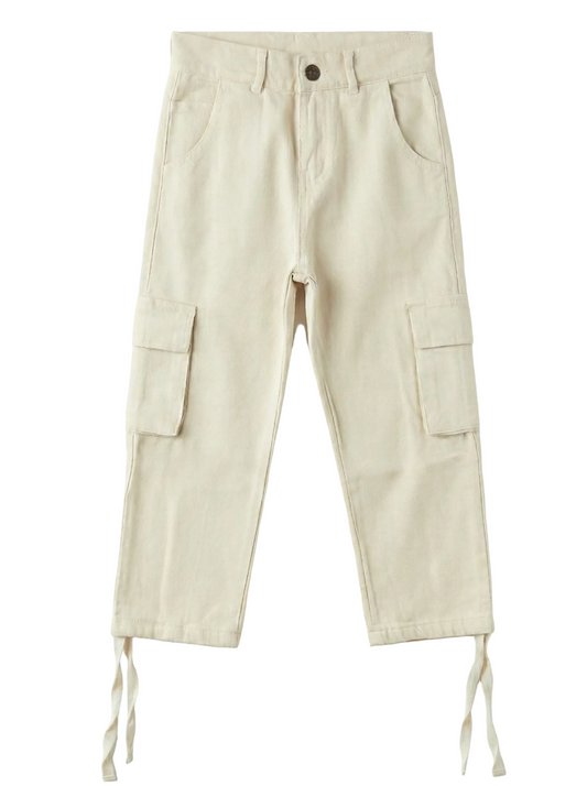 Beige cargo pants on a white background