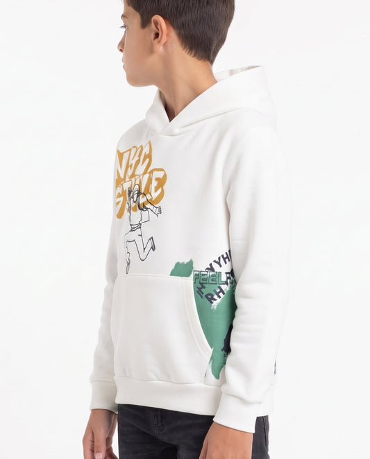 Boys' off-white printed hoodie with graphic art and front pocket by TREE