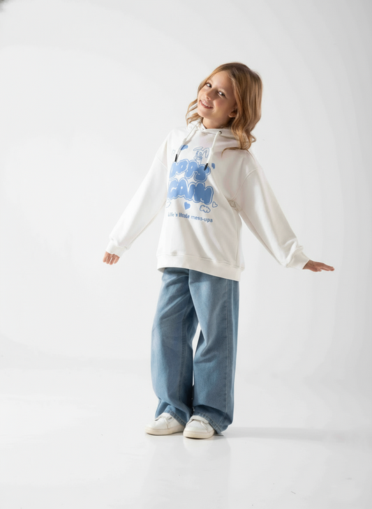 Girls' Hoodie Sweatshirt-Summer Melton-Print-White
