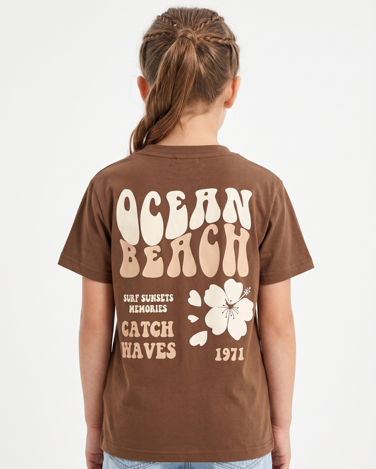 Girls' printed t-shirt with Short Sleeve -Brown