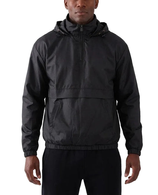 A man wearing a black hooded lightweight jacket with a half-zip front and elasticized hem, paired with black pants, against a plain light gray studio background.