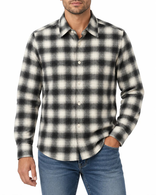 Men's winter 100% cotton plaid shirt in black and off-white