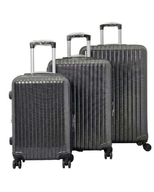 Three-piece luggage set in dark gray with a textured vertical rib design, featuring silver telescoping handles and spinner wheels, shown on a white background.