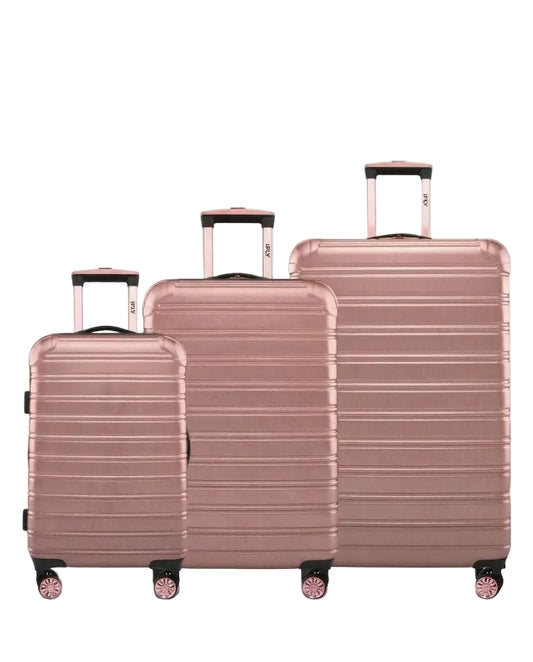 Three-piece luggage set in rose gold, featuring a small carry-on, a medium suitcase, and a large checked suitcase with telescoping handles and spinner wheels, set against a plain light gray background.