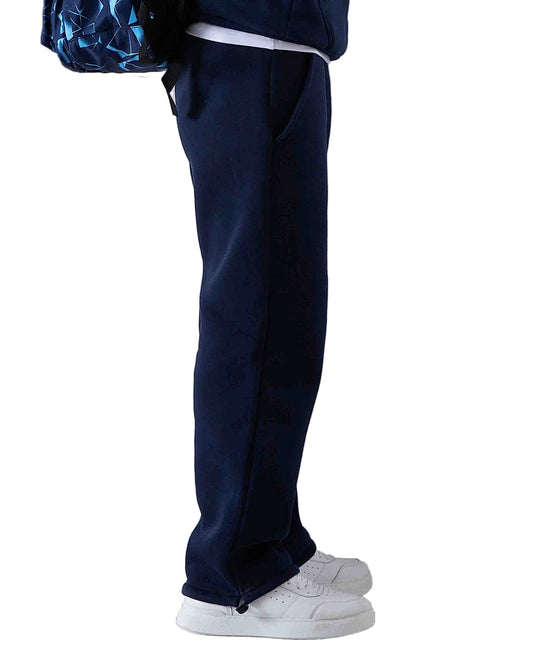 Front view of a kids' navy regular-fit casual pants featuring an elastic waistband by TREE.