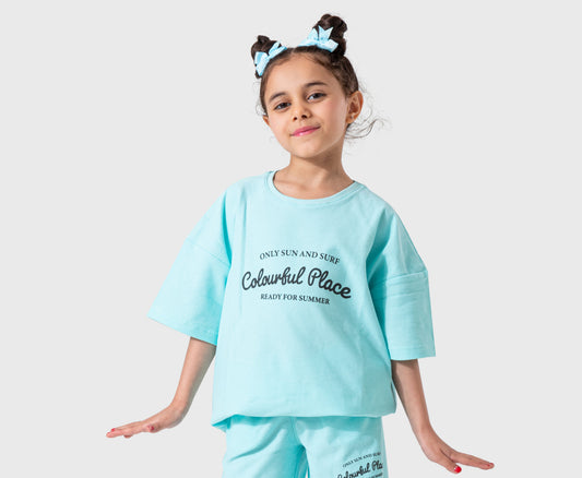 تي شيرت بناتي مطبوع – اوفر سيز - فيروزى
