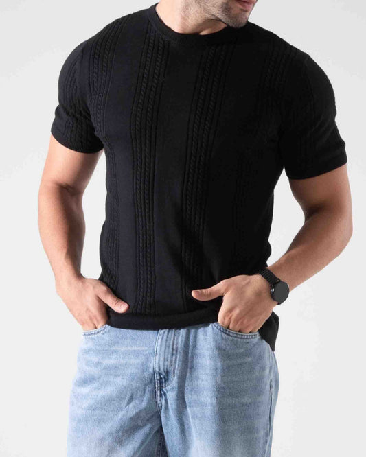 Men's knitted short-sleeved T-shirt-Black