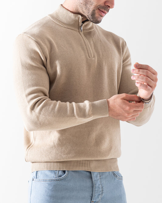Men's Beige Half Zip Pullover Sweater - 100% Cotton