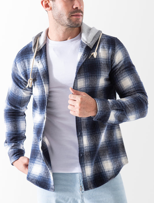 Men's Winter plaid shirt with hood - Blue