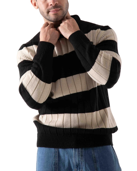Men's Striped Ribbed Knit Sweater Black & Beige