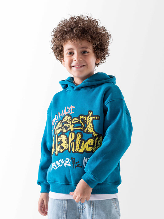 Boy's Melton Print Hoodie -Turquoise