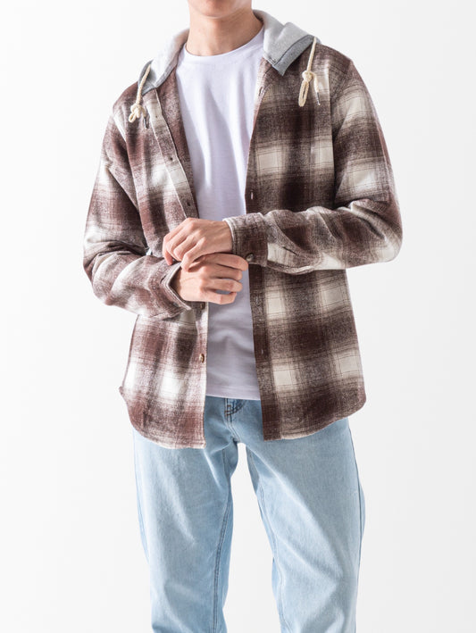 Men's Winter plaid shirt with hood - Brown