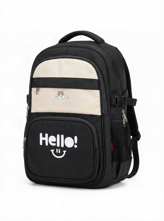 Black and Beige Hello Multi-Pocket School Backpack | TREE
