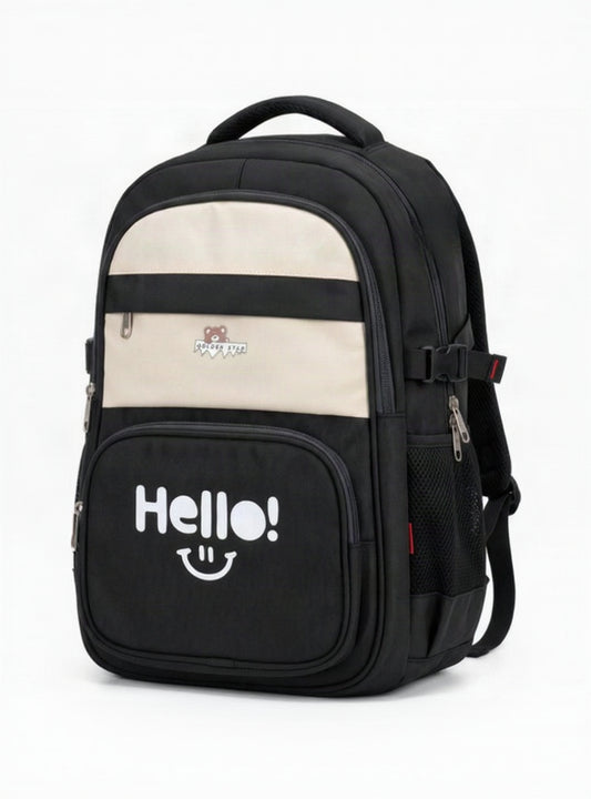 Black and Beige Hello Multi-Pocket School Backpack