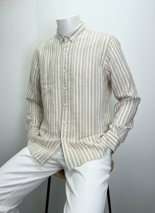 قميص كم رجالي مقلم - بيج