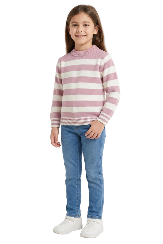 Girls' striped knit sweater cashmere and off-white - TREE