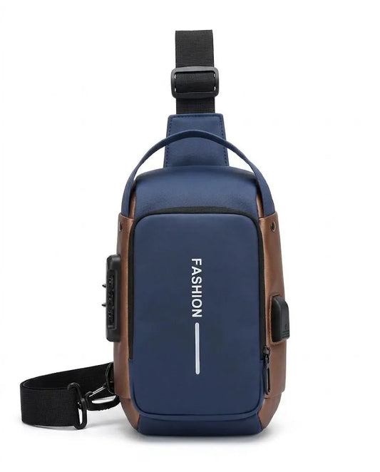 Men's blue waterproof anti-theft sling bag with USB port and password lock
