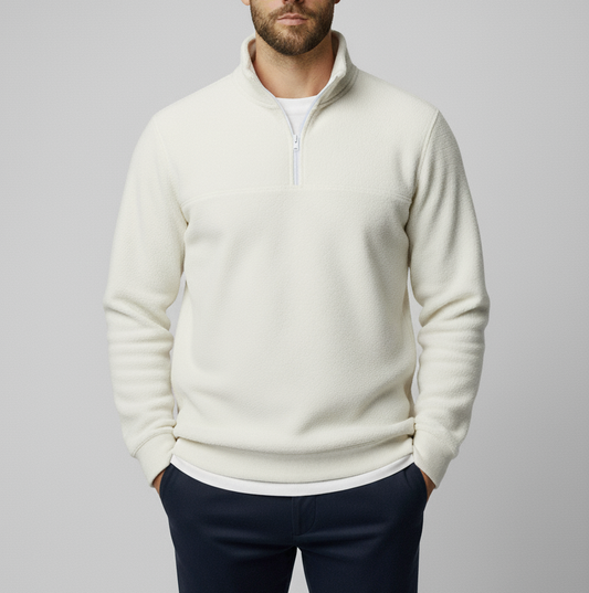 سويت شيرت رجالي قطن 100% بلون اوف وايت مع ياقة وسوستة أمامية، تصميم كاجوال