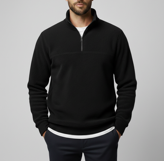 سويت شيرت رجالي قطن 100% بلون اسود داكن مع ياقة وسوستة أمامية