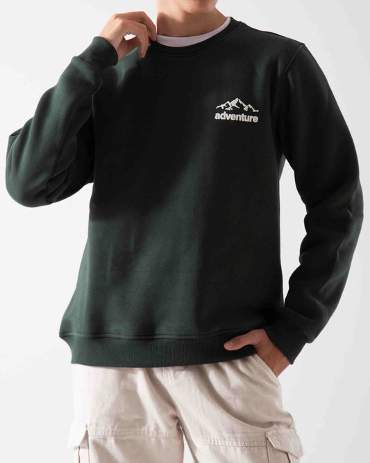Men's dark green melton sweatshirt with white adventure print