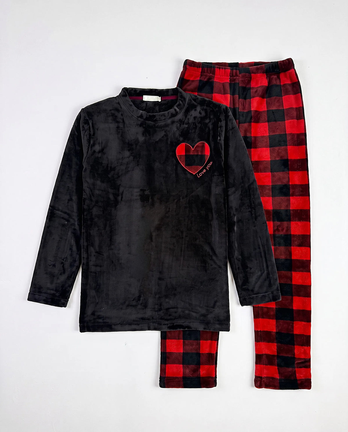 Women's polar fleece plaid pyjama set with heart embroidery by TREE   