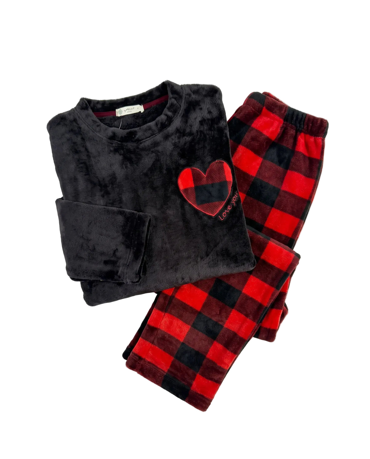 Women's polar fleece plaid pyjama set with heart embroidery by TREE   