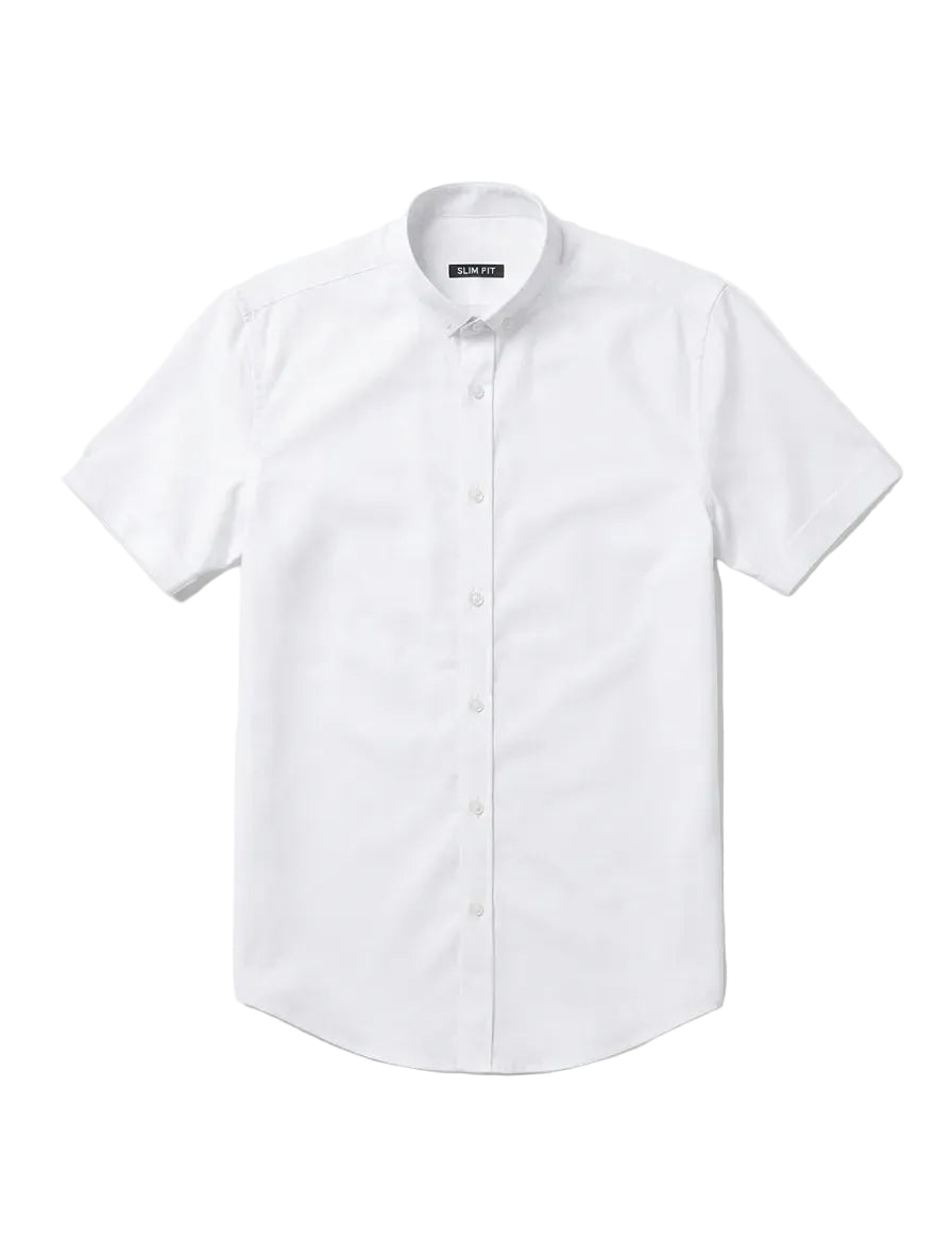 Front view of a white oxford half sleeve shirt featuring a slim fit by TREE.