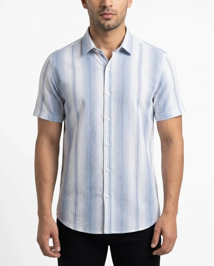 Men's casual blue and white vertically striped short sleeve shirt from TREE