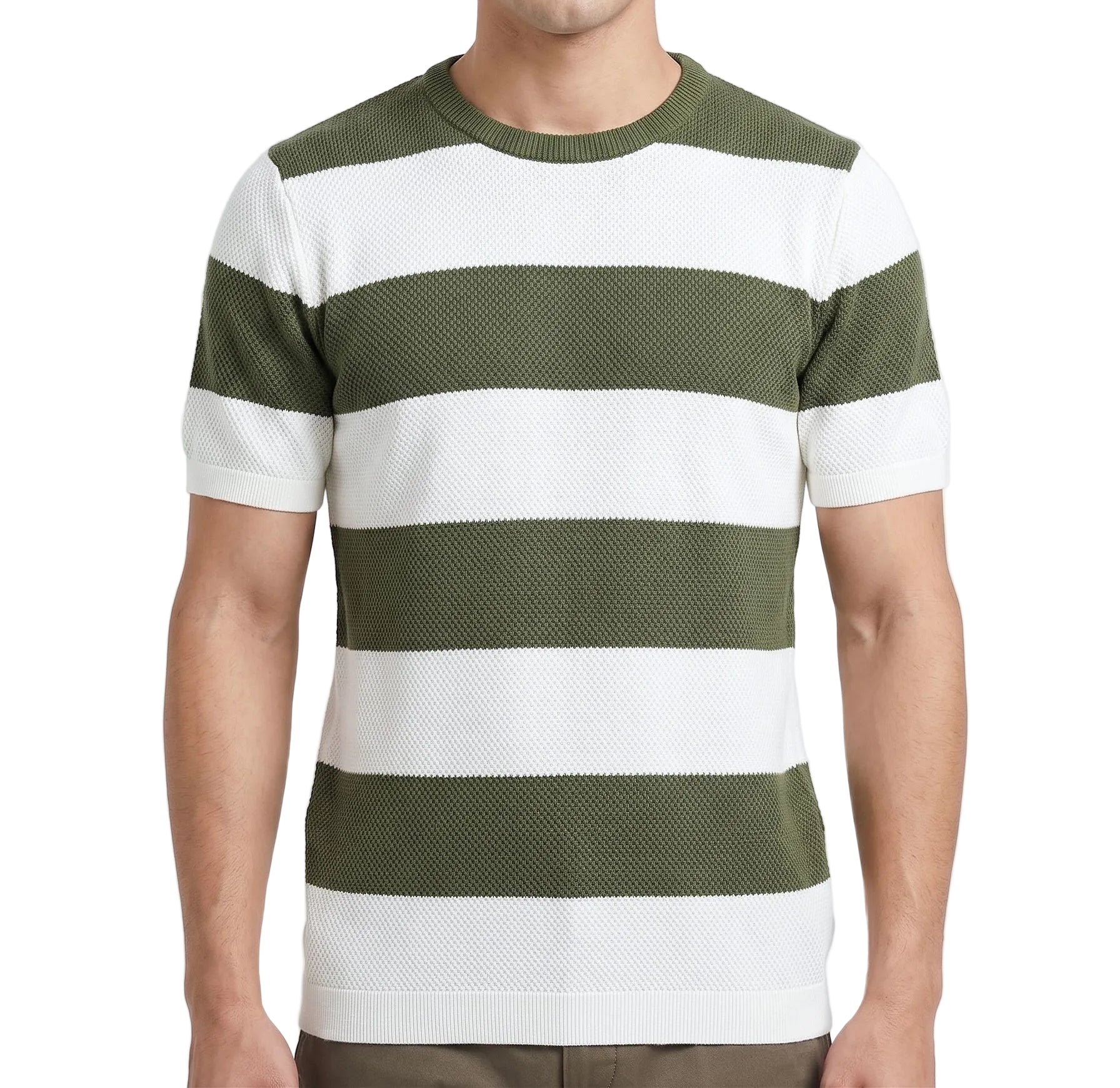 A man wearing a summer horizontal striped knit t-shirt with a textured finish and crew neck, paired with casual pants.