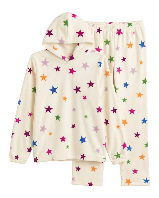 Women's winter fleece off-white pyjama set with colorful star prints and hood   